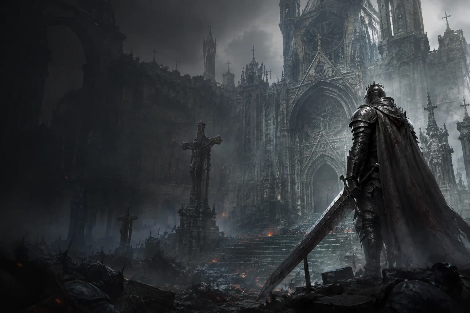 Armored knight facing an immense ruined Gothic cathedral.