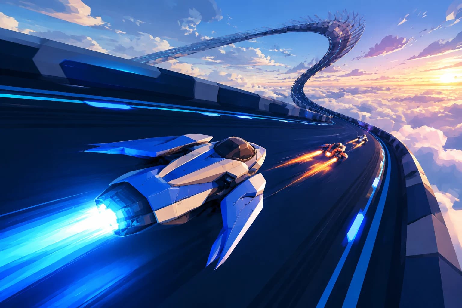 Blue racing craft on a suspended track above the clouds.