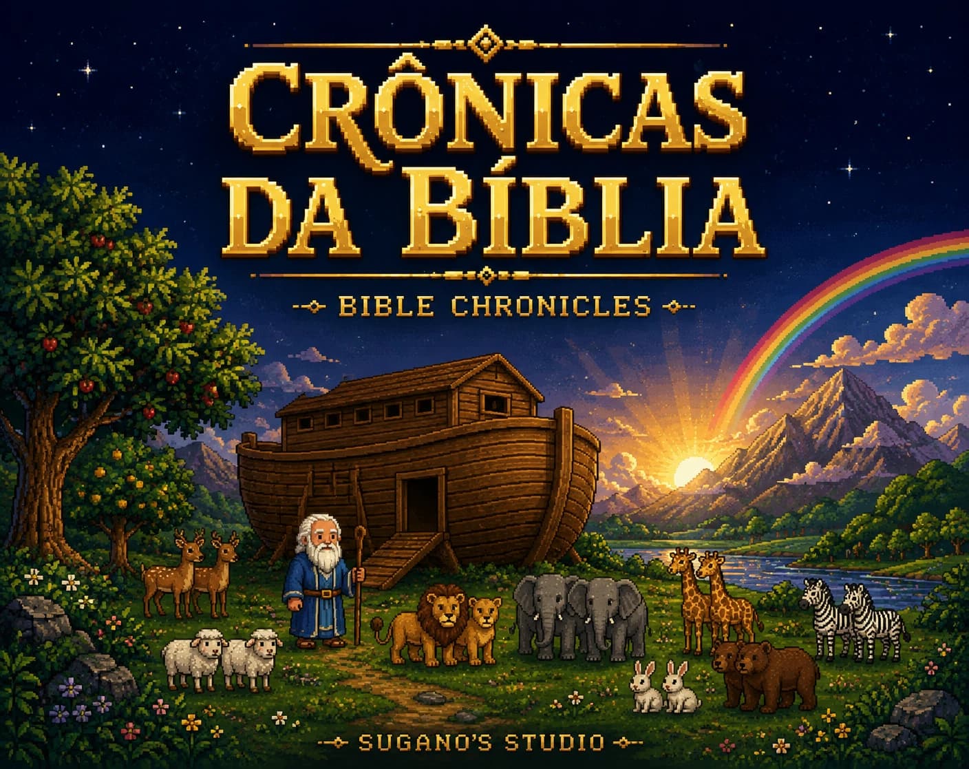虹の下にノア、箱舟、動物たちを描いた「Crônicas da Bíblia」のカバー。