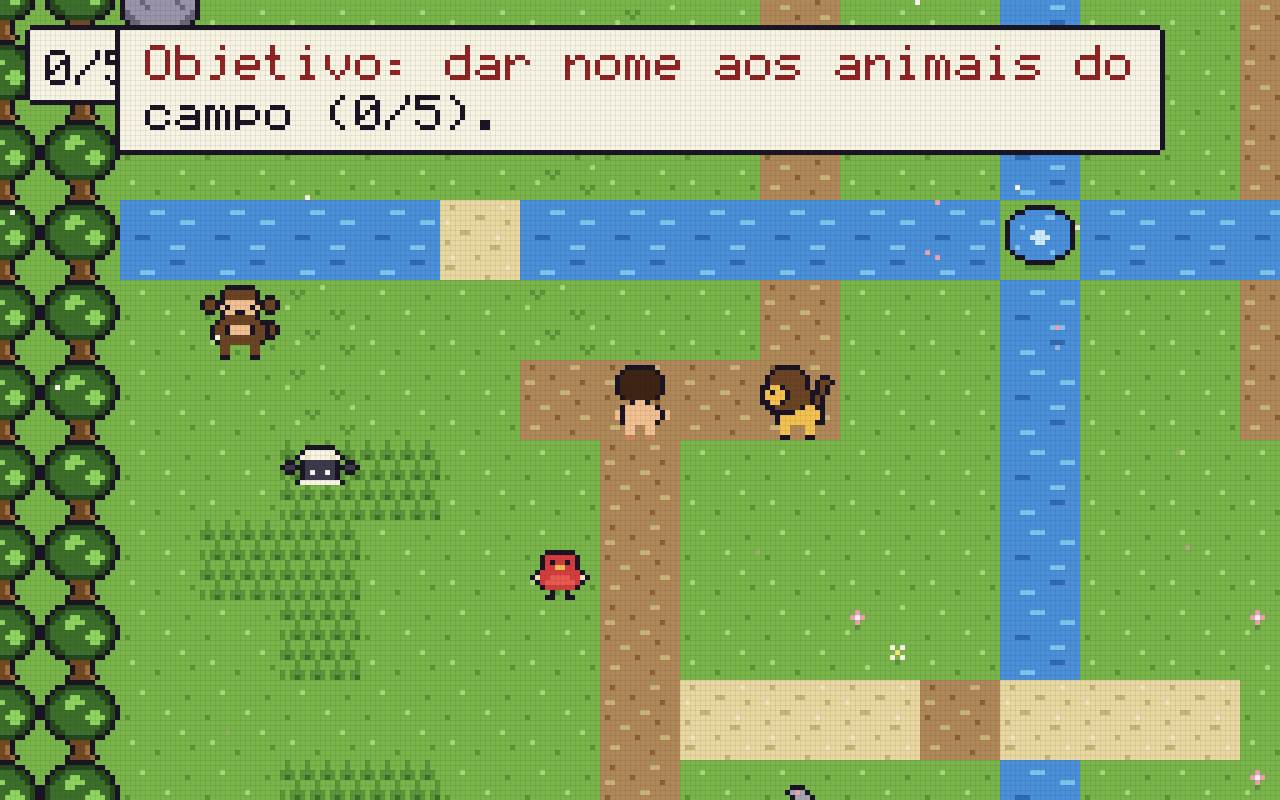 「Crônicas da Bíblia」の実際のゲーム画面。エデンを探索し、動物に名前を付ける場面。