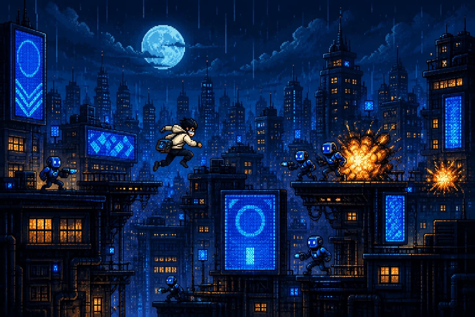 A courier leaps across rooftops and robots in a pixel-art city.