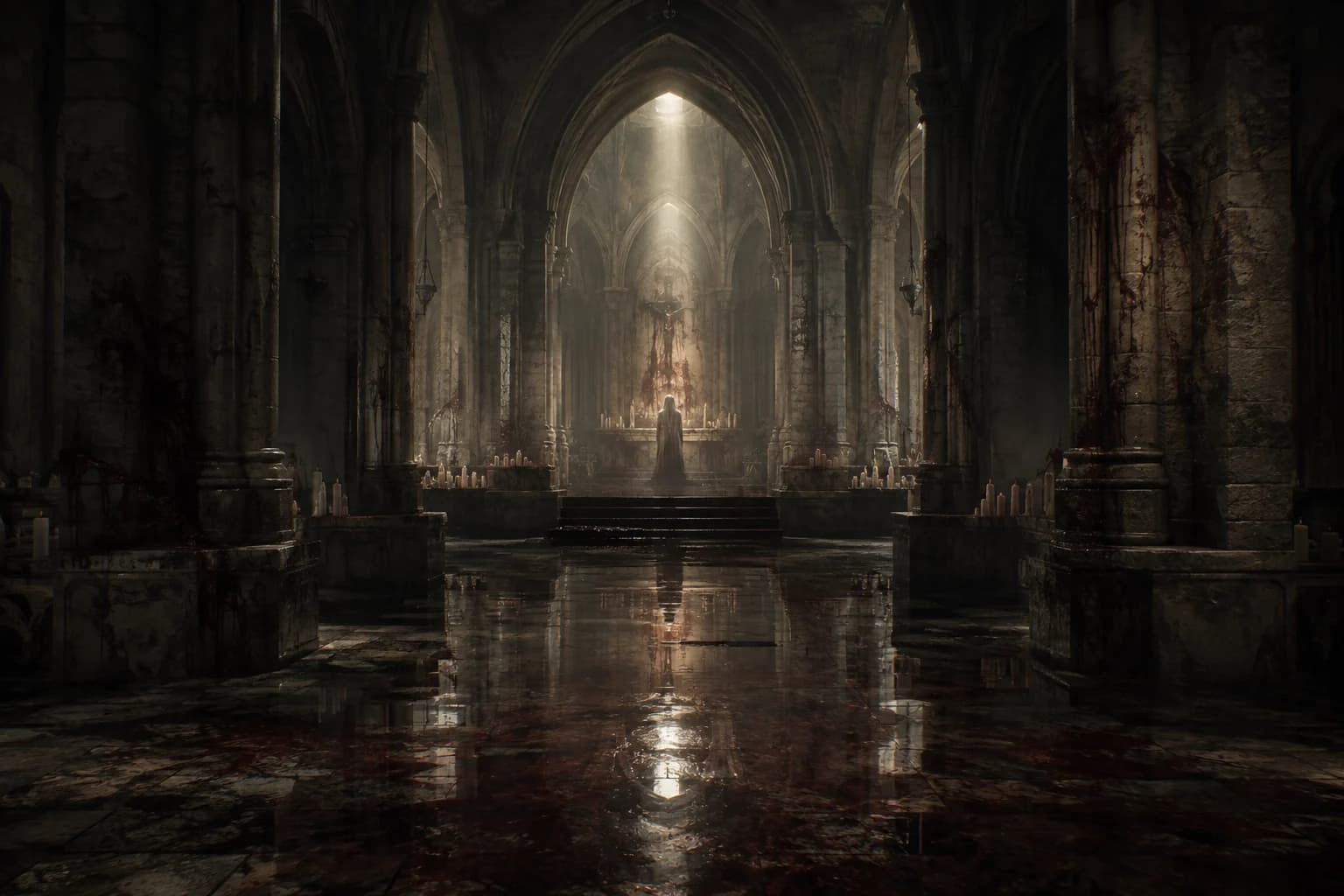 A mysterious figure by the altar of a flooded abbey.