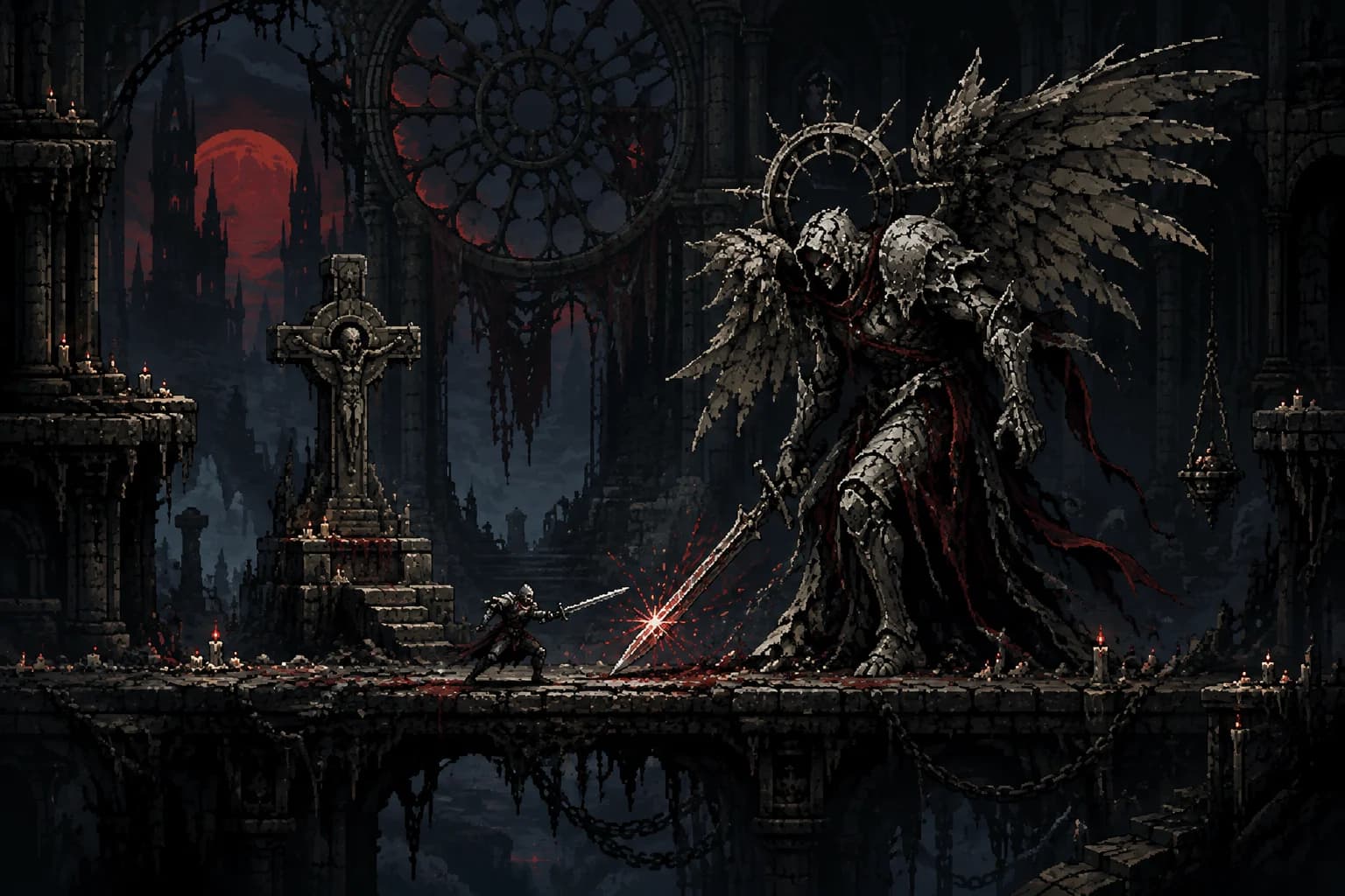 A pilgrim fights a winged creature in a pixel-art cathedral.